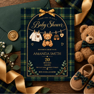 Invitation Fête de naissance garçon Ourson carreaux tartan