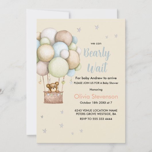 Invitation Fête de naissance garçon Ourson mignon (Devant)