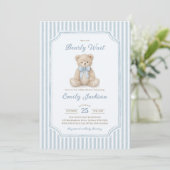 Invitation Fête de naissance garçon Ourson rayures bleues (Debout devant)