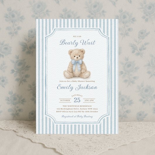 Invitation Fête de naissance garçon Ourson rayures bleues