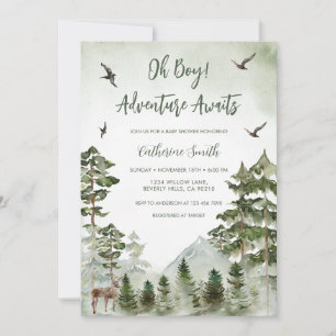 Invitation Fête de naissance Garçon Sapin Cerf Montagne Forêt