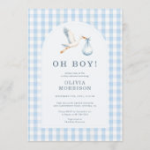 Invitation Fête de Naissance Garçon Stork Bleu Gingham (Devant)