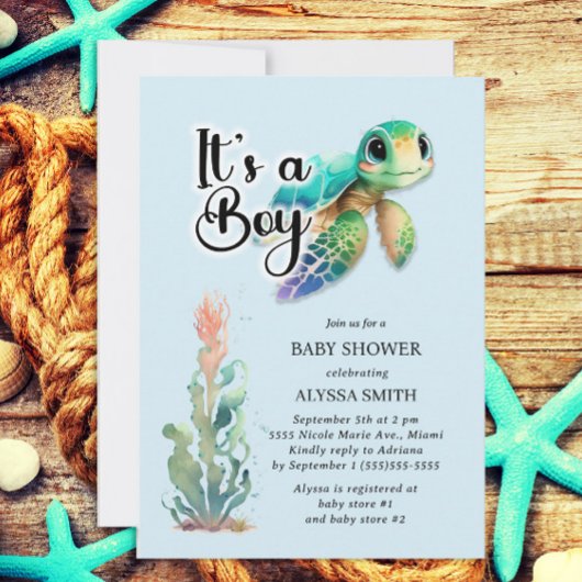 Invitation Fête de naissance garçon Tortue de mer