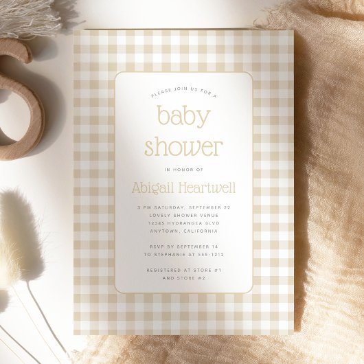 Invitation Fête de Naissance Gingham Beige Neutre