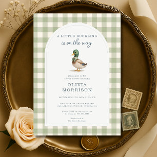 Invitation Fête de Naissance Gingham Canard Colvert Ruban Ver