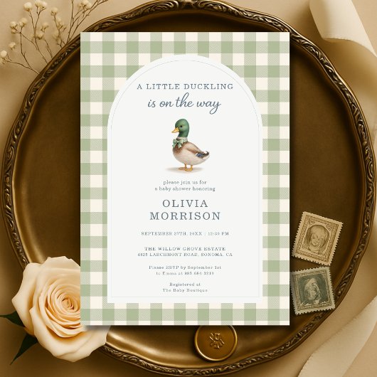 Invitation Fête de Naissance Gingham Canard Colvert Ruban Ver