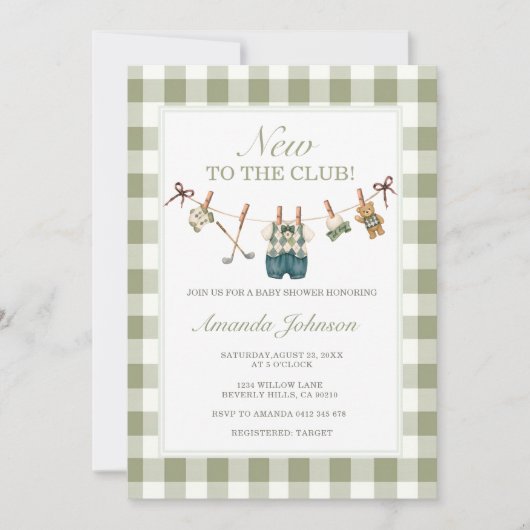 Invitation Fête de Naissance Gingham Vert Emeraude Golf Nouve (Devant)