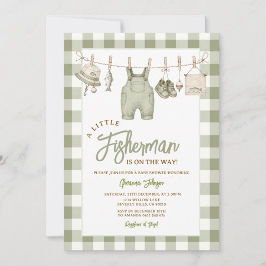 Invitation Fête de naissance Gingham Vert Sauge pour Pêcheur (Devant)