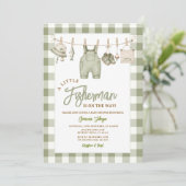 Invitation Fête de naissance Gingham Vert Sauge pour Pêcheur (Debout devant)