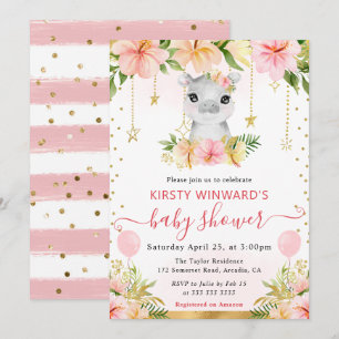 Invitation Fête de naissance hippopotame jungle florale aquar