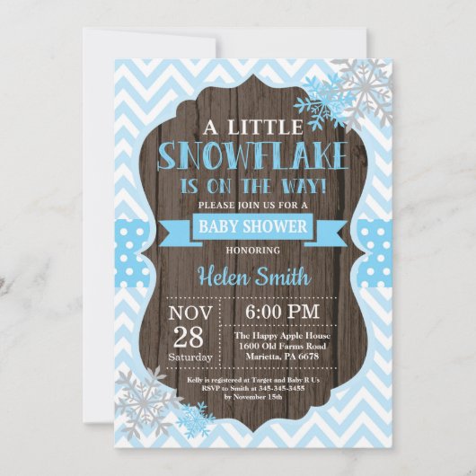 Invitation Fête de naissance hivernale rustique Flocon de nei (Devant)