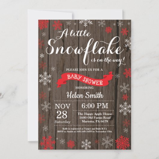 Invitation Fête de naissance hivernale rustique Flocon de nei (Devant)