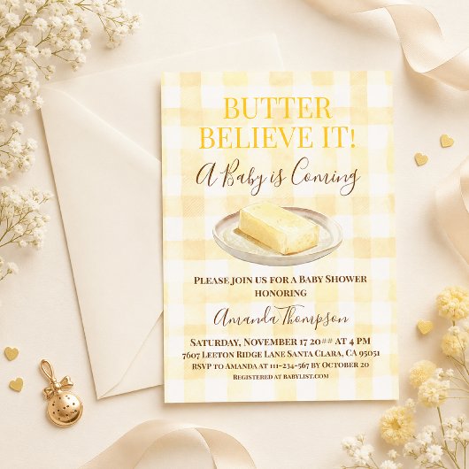 Invitation Fête de Naissance Jaune Gingham Beurre Neutre