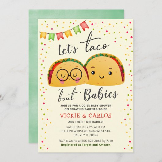 Invitation Fête de Naissance Jumeaux Mixte : Let's Taco Bout  (Devant / Derrière)