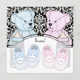 Invitation Fête de naissance jumeaux ourson bleu rose damas n