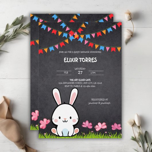 Invitation Fête de Naissance Lapin Tableau Blanc Mignon