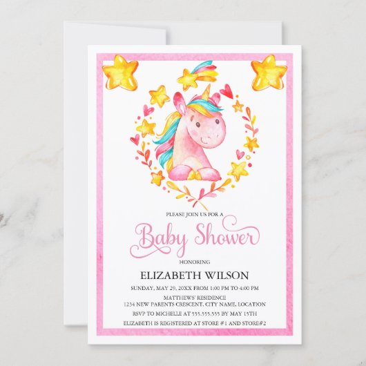 Invitation Fête de naissance licorne aquarelle Bébé Fille (Devant)
