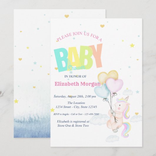 Invitation Fête de naissance Licorne,Ballons,Étoiles (Devant / Derrière)