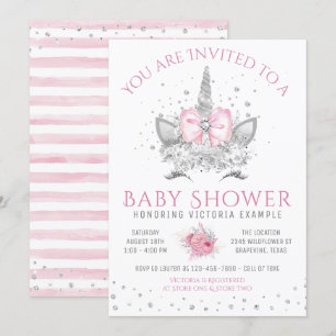 Invitation Fête de naissance licorne diamant rose et argent