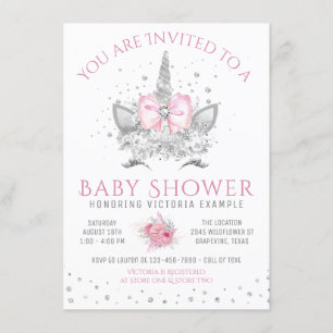 Invitation Fête de naissance licorne diamant rose et argent