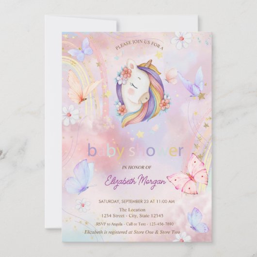Invitation Fête de Naissance Licorne Fleurie Arc-en-Ciel Papi (Devant)