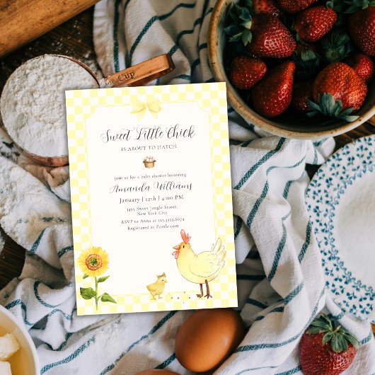 Invitation Fête de naissance Little Chick Sunflower Gingham J