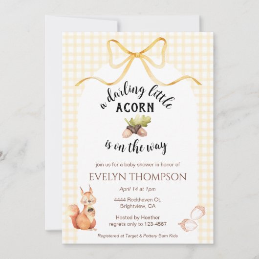 Invitation Fête de naissance Marigold Squirrel Acorn Gingham (Devant)