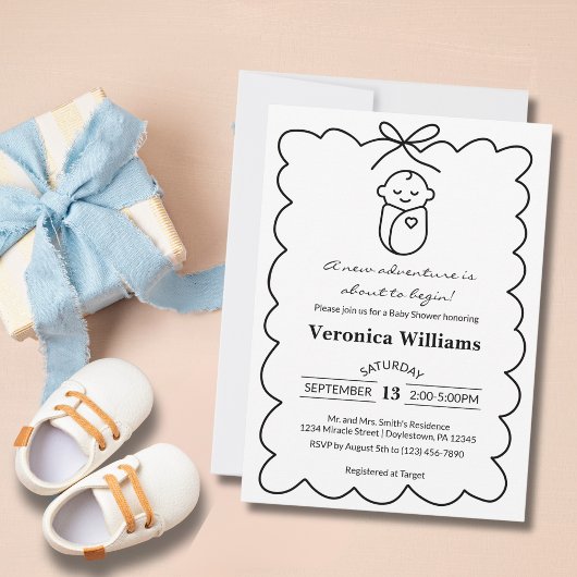 Invitation Fête de Naissance Moderne Bébé Mignon et Nœud Papi