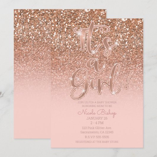 Invitation Fête de Naissance Moderne Fille Paillettes Rose Gl (Devant / Derrière)