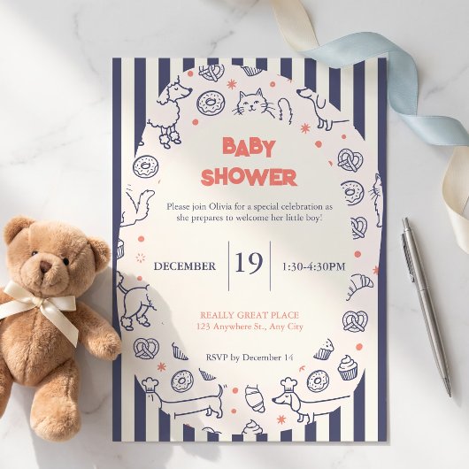 Invitation Fête de naissance Navy Dog Cat Bakery