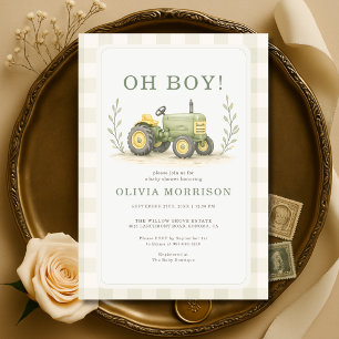 Invitation Fête de Naissance Oh Boy Farmer Tracteur Gingham G