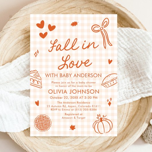 Invitation Fête de naissance Orange Gingham Dessinée à la mai