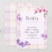 Invitation Fête de naissance Orchidée Violette Gingham Floral (Devant / Derrière)