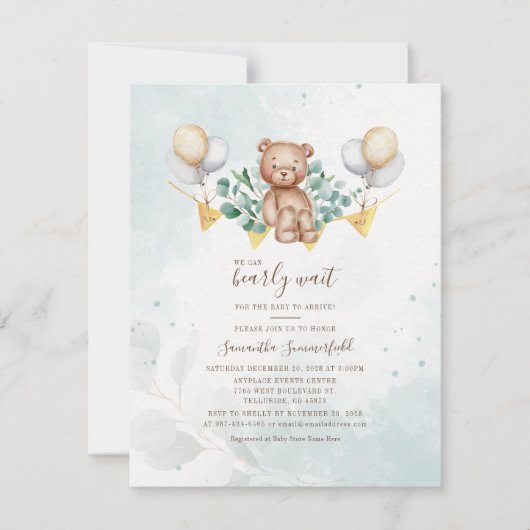 Invitation Fête de naissance ours aquarelle verdure d'eucalyp (Devant)
