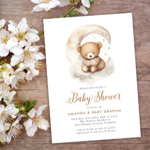 Invitation Fête de naissance ours en peluche lune étoiles gen