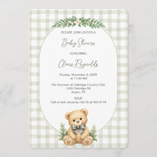 Invitation Fête de naissance ourson à carreaux vert sauge