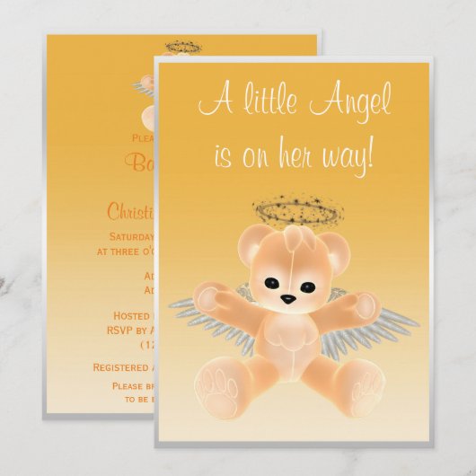 Invitation Fête de naissance Ourson Ange Orange (Devant / Derrière)
