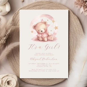 Invitation Fête de naissance Ourson aquarelle rose fille