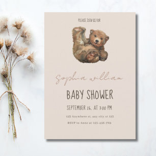 Invitation Fête de naissance ourson aquarelle vintage
