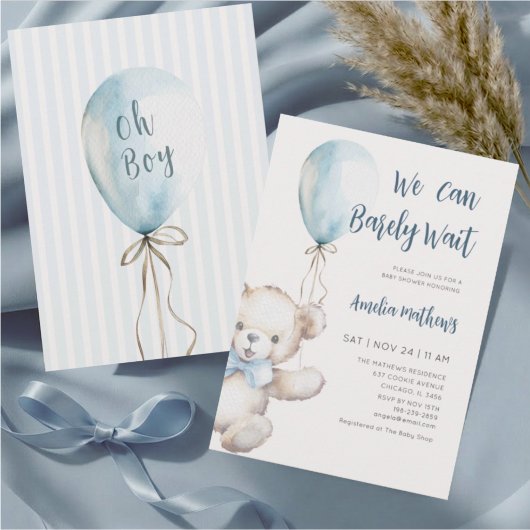 Invitation Fête de naissance Ourson Bleu Ballon