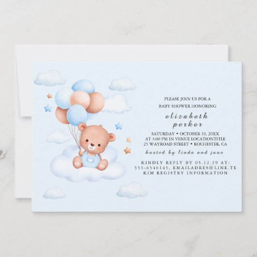 Invitation Fête de naissance Ourson Bleu Garçon (Devant)