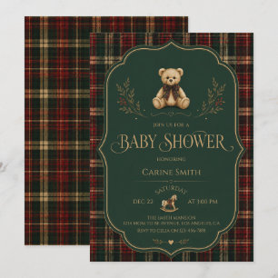 Invitation Fête de Naissance Ourson Carreaux Rustique