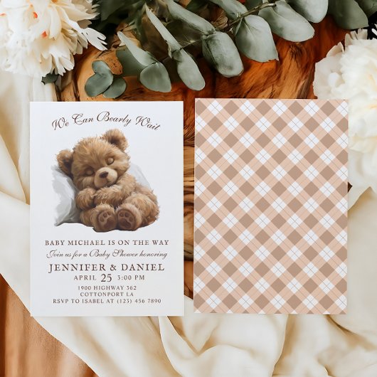 Invitation Fête de naissance ourson classique bronzé adorable