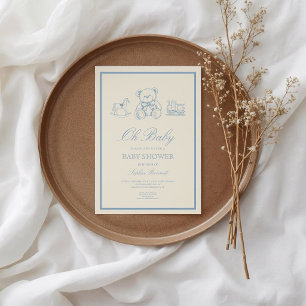 Invitation Fête de naissance ourson en bleu pastel classique