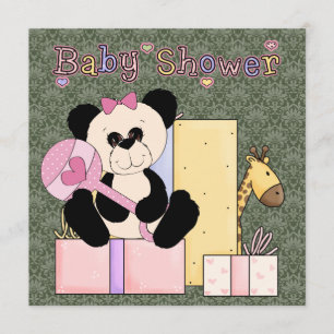 Invitation Fête de naissance ourson en damas rose vert pour b