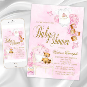 Invitation Fête de naissance ourson en peluche rose or fille