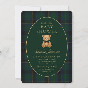 Invitation Fête de naissance ourson en tartan vert classique