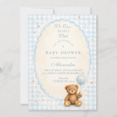 Invitation Fête de naissance ourson en vichy bleu (Devant)