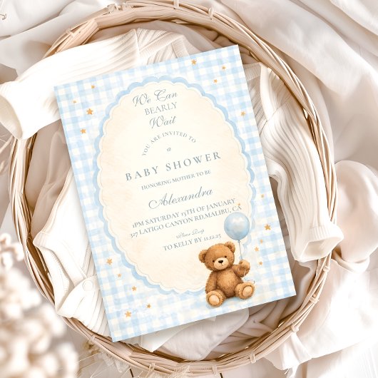 Invitation Fête de naissance ourson en vichy bleu