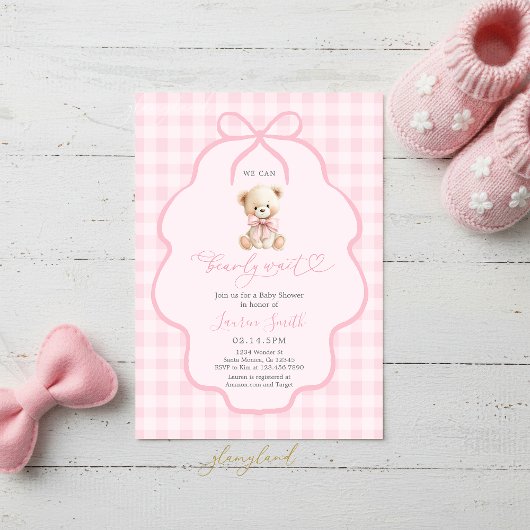 Invitation Fête de naissance ourson en vichy fille